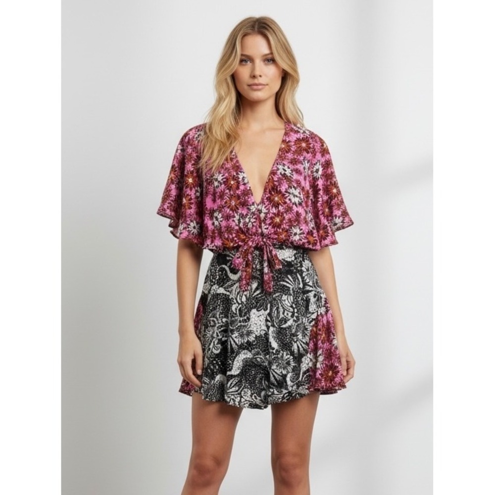 Free People Dark Star Pink Black Brown White Floral Print Midi Dress